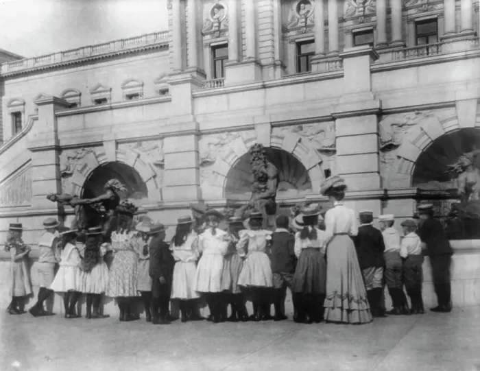 Framed Print : A class of the 2nd Division at the fountain in front of the Library of Congress, (1899?). Creator: Frances Benjamin Johnston Framed Print : A class of the 2nd Division at the fountain in front of the Library of Congress, (1899?). Creator: Frances Benjamin Johnston