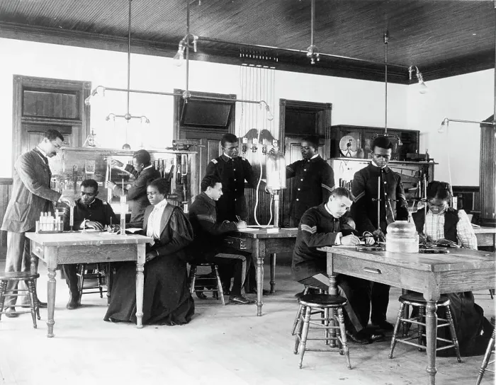 Framed Print : Class in capillary physics at Hampton Institute, Hampton, Virginia, 1899 and 1900. Creator: Frances Benjamin Johnston Framed Print : Class in capillary physics at Hampton Institute, Hampton, Virginia, 1899 and 1900. Creator: Frances Benjamin Johnston