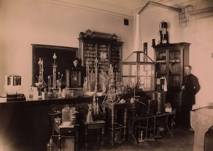 Framed Print : Class in the Chemistry Lab of the Real School in Tyumen, 1889. Creator: N Terekhov Framed Print : Class in the Chemistry Lab of the Real School in Tyumen, 1889. Creator: N Terekhov