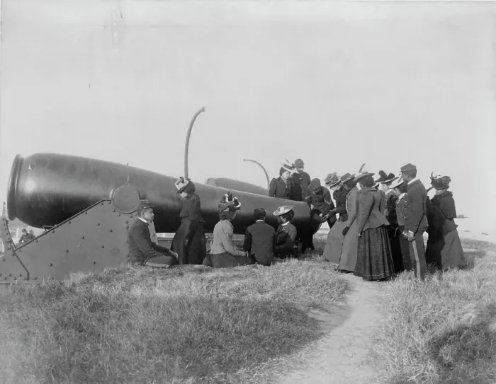 Framed Print : Class from Hampton Institute, Hampton, Va. looking at cannon at Fort Monroe, 1899 or 1900. Creator: Frances Benjamin Johnston Framed Print : Class from Hampton Institute, Hampton, Va. looking at cannon at Fort Monroe, 1899 or 1900. Creator: Frances Benjamin Johnston