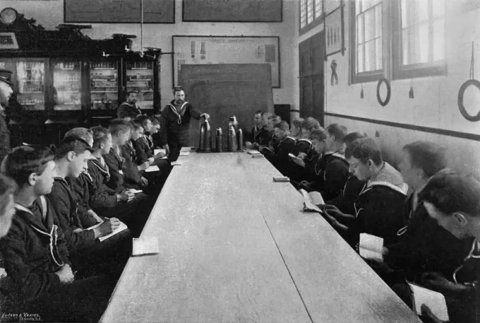Framed Print : A class of seamen at ammunition instruction, Whale Island, Portsmouth, Hampshire, 1896. Artist: Russell & Sons Framed Print : A class of seamen at ammunition instruction, Whale Island, Portsmouth, Hampshire, 1896. Artist: Russell & Sons
