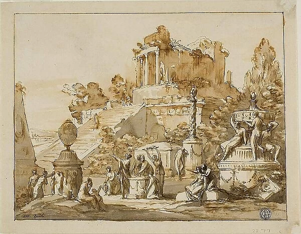 Classical Landscape with Ruined Temple on Hill, Female Figures Below, n.d. Creator: Antonio Zucchi