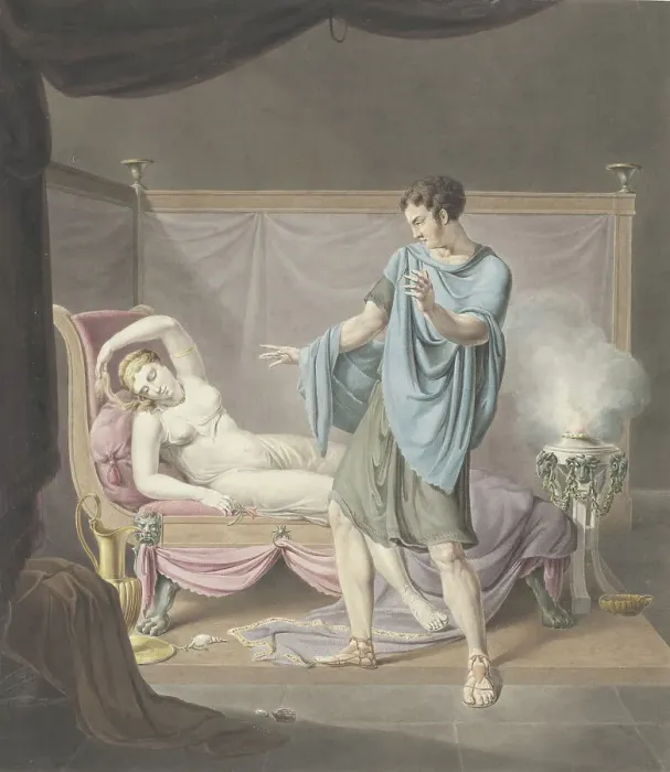 Framed Print : Classical performance with a standing man and a woman on a chaise longue, 1794-1858. Creator: Henricus Franciscus Wiertz Framed Print : Classical performance with a standing man and a woman on a chaise longue, 1794-1858. Creator: Henricus Franciscus Wiertz