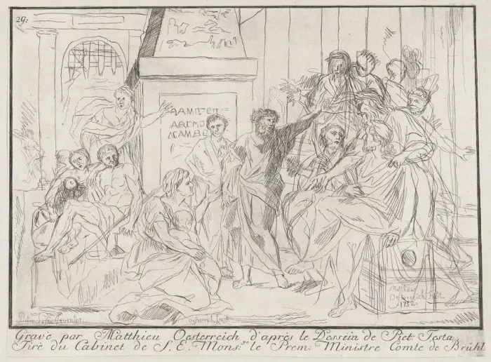 Framed Print : Classical scene of figures gathered around an orator at right (possibly related to healing... 1752. Creator: Matthias Oesterreich) Framed Print : Classical scene of figures gathered around an orator at right (possibly related to healing... 1752. Creator: Matthias Oesterreich)