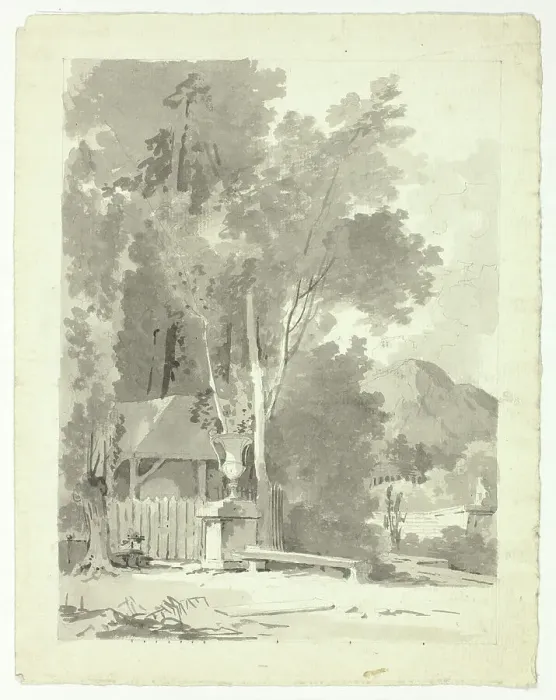 Framed Print : Classical Urn in Front of a Shed, with Temple and Mountain in Background, n.d. Creator: Pierre Antoine Mongin Framed Print : Classical Urn in Front of a Shed, with Temple and Mountain in Background, n.d. Creator: Pierre Antoine Mongin