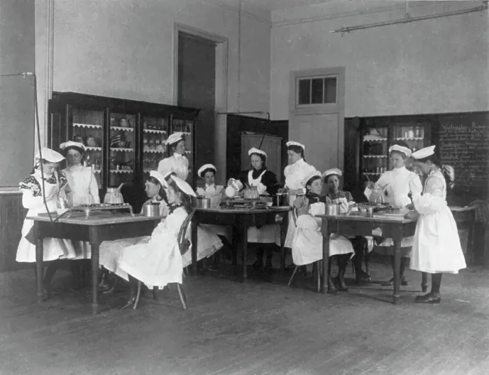 Framed Print : Classroom scene in Washington, D.C. elementary school - cooking class, (1899?). Creator: Frances Benjamin Johnston Framed Print : Classroom scene in Washington, D.C. elementary school - cooking class, (1899?). Creator: Frances Benjamin Johnston