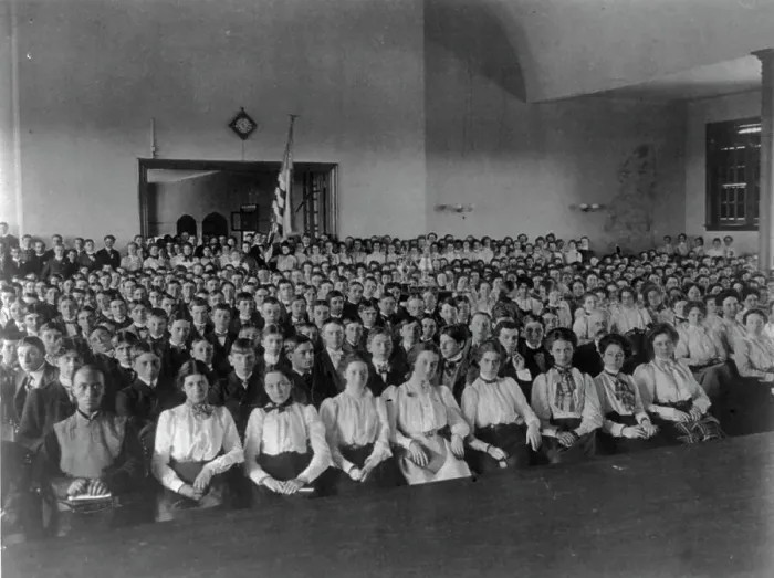 Framed Print : Classroom scenes in Washington, D.C. public schools - Central High School assembly, (1899?). Creator: Frances Benjamin Johnston Framed Print : Classroom scenes in Washington, D.C. public schools - Central High School assembly, (1899?). Creator: Frances Benjamin Johnston