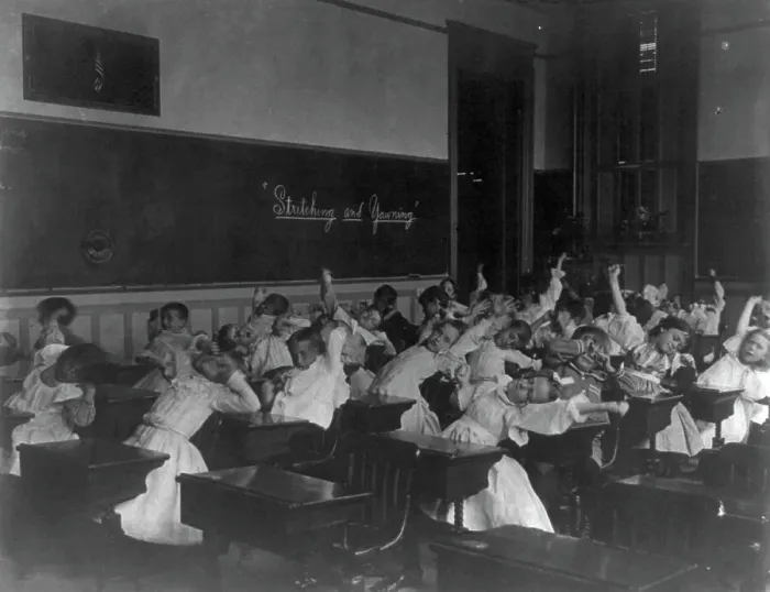 Framed Print : Classroom scenes in Washington, D.C. public schools - stretching and yawning exercise... (1899?). Creator: Frances Benjamin Johnston Framed Print : Classroom scenes in Washington, D.C. public schools - stretching and yawning exercise... (1899?). Creator: Frances Benjamin Johnston