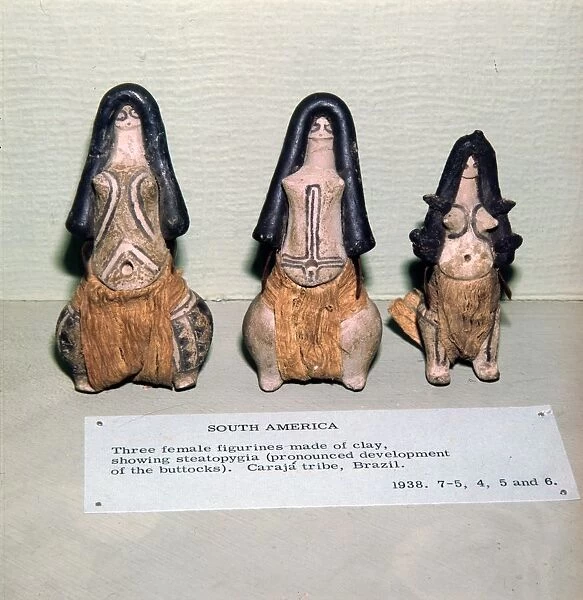 Three Clay Female Fertility figures from Caraja Tribe, Brazil showing Steatopygia