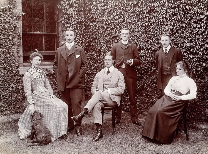 Framed Print : Claybury Asylum, Woodford, Essex: six members of staff, and a dog, (1893?). Creator: London & County Photographic Co Framed Print : Claybury Asylum, Woodford, Essex: six members of staff, and a dog, (1893?). Creator: London & County Photographic Co