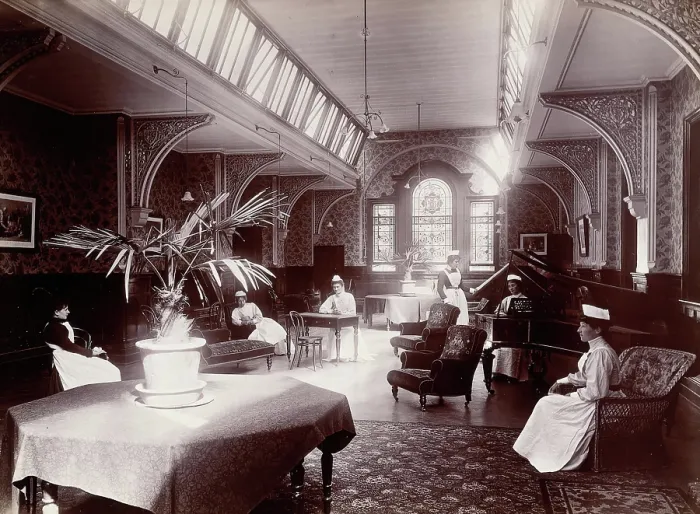 Framed Print : Claybury Asylum, Woodford, Essex: a nurses day-room (?), (1893?) Framed Print : Claybury Asylum, Woodford, Essex: a nurses day-room (?), (1893?)