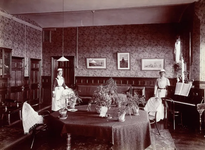 Framed Print : Claybury Asylum, Woodford, Essex: a social room (?), [1893?]. Creator: London & County Photographic Co