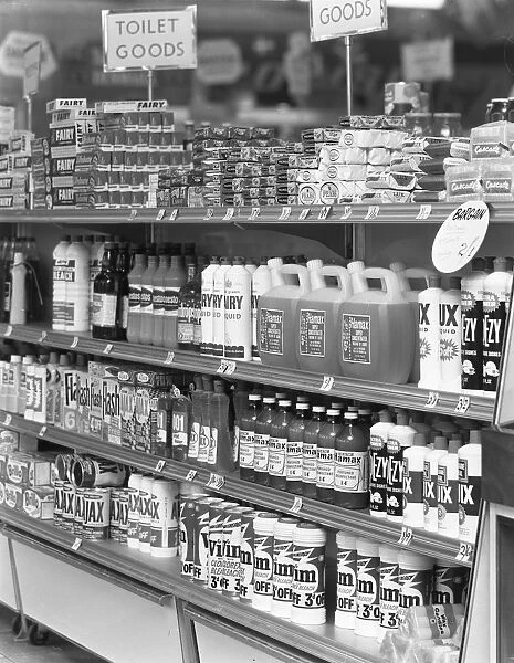 Cleaning products on supermarket shelves, 1966. Artist: Michael Walters