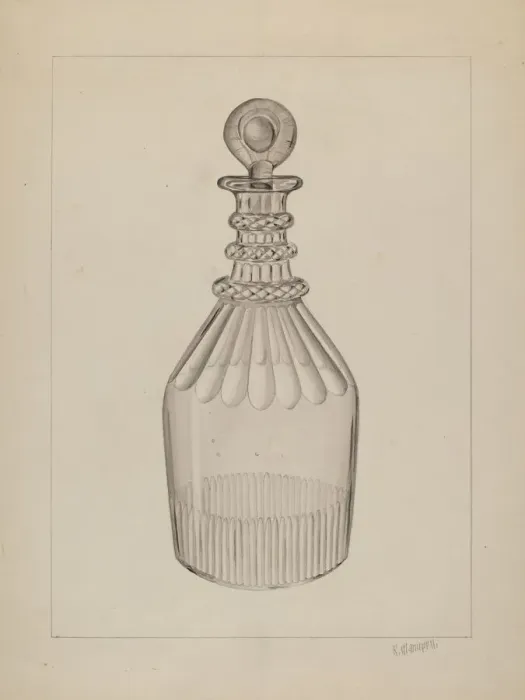 Framed Print : Clear Glass Decanter, c. 1937. Creator: Raymond Manupelli Framed Print : Clear Glass Decanter, c. 1937. Creator: Raymond Manupelli