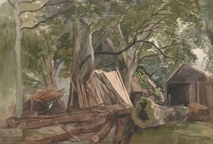 Framed Print : Clearing with a Lumber Mill, 1847 (?). Creator: John Middleton Framed Print : Clearing with a Lumber Mill, 1847 (?). Creator: John Middleton