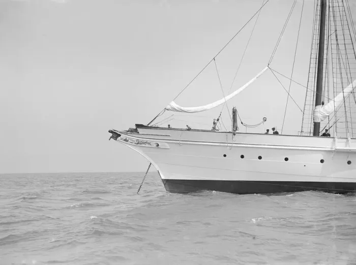 Framed Print : Clementinas Bow showing collision damage and loss of bowsprit, 1913 Framed Print : Clementinas Bow showing collision damage and loss of bowsprit, 1913