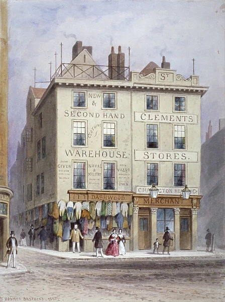 Clements Stores at the junction of Holywell Street and Wych Street, Westminster, London, 1855