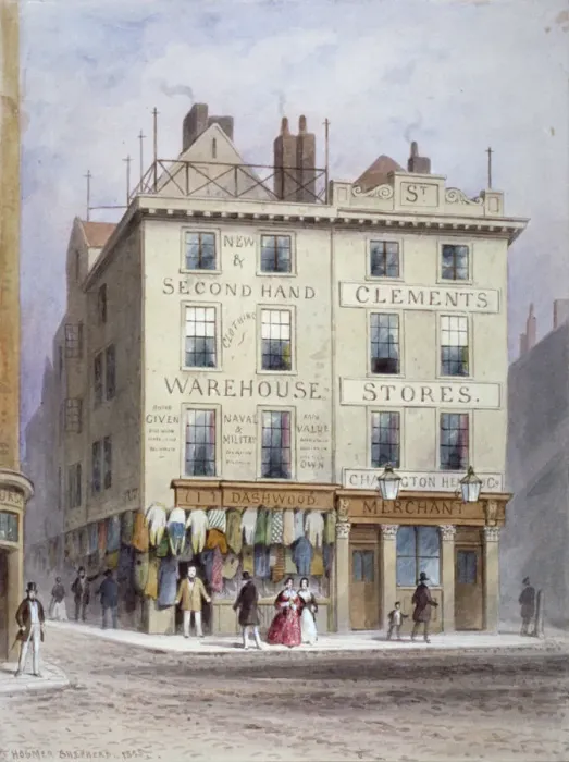 Framed Print : Clements Stores at the junction of Holywell Street and Wych Street, Westminster, London, 1855 Framed Print : Clements Stores at the junction of Holywell Street and Wych Street, Westminster, London, 1855