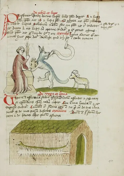 Framed Print : A Cleric Instructing a Wolf with a Rod: A Snake in a House; Fables, third quarter of 15th century. Creator: Unknown Framed Print : A Cleric Instructing a Wolf with a Rod: A Snake in a House; Fables, third quarter of 15th century. Creator: Unknown