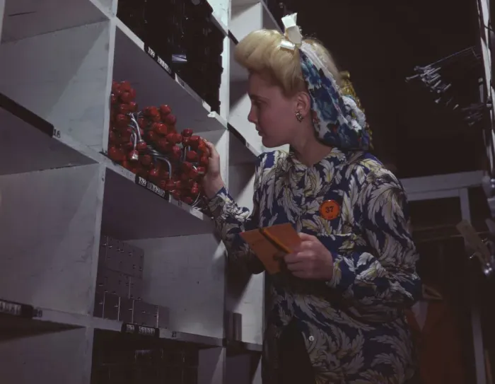 Framed Print : Clerk in one of the stock rooms of North American Aviation, Inc... Inglewood, Calif. 1942. Creator: Alfred T Palmer Framed Print : Clerk in one of the stock rooms of North American Aviation, Inc... Inglewood, Calif. 1942. Creator: Alfred T Palmer