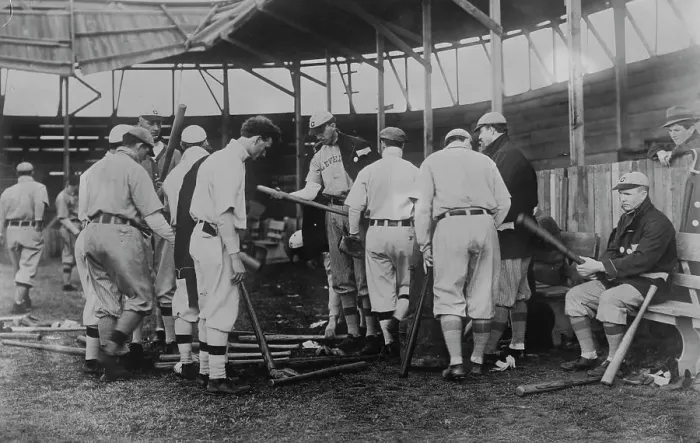Framed Print : Cleveland [AL] ball players selecting new bats; Graney on bench, 1910. Creator: Bain News Service