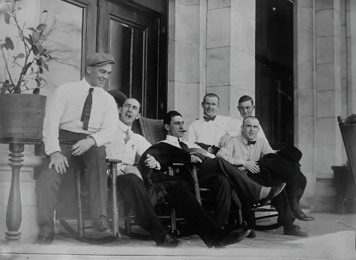 Framed Print : Six Cleveland ball players seated on porch, 1910. Creator: Bain News Service Framed Print : Six Cleveland ball players seated on porch, 1910. Creator: Bain News Service