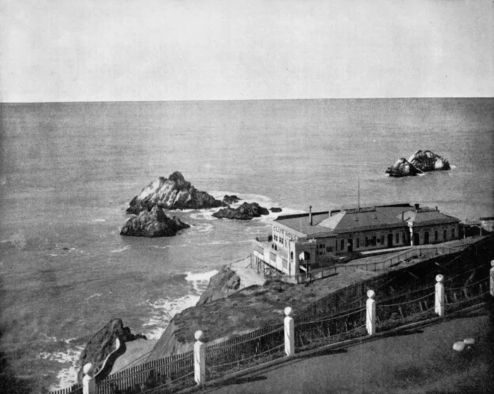Framed Print : Cliff House and Seal Rocks, Golden Gate, California, USA, 1893. Artist: John L Stoddard Framed Print : Cliff House and Seal Rocks, Golden Gate, California, USA, 1893. Artist: John L Stoddard