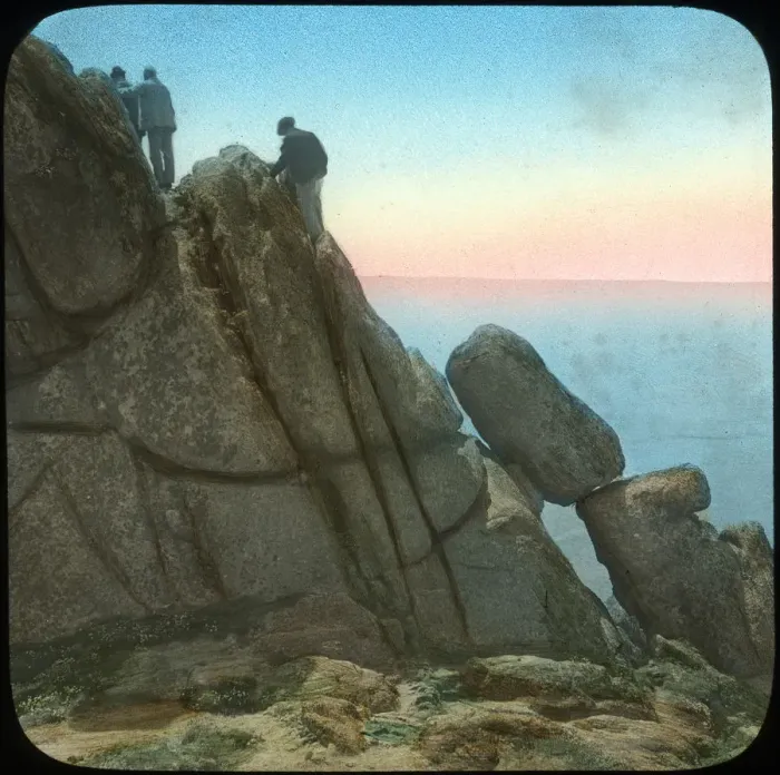 Framed Print : Climbing the Logan Rock, near Treen, Cornwall, late 19th or early 20th century. Artist: Church Army Lantern Department Framed Print : Climbing the Logan Rock, near Treen, Cornwall, late 19th or early 20th century. Artist: Church Army Lantern Department
