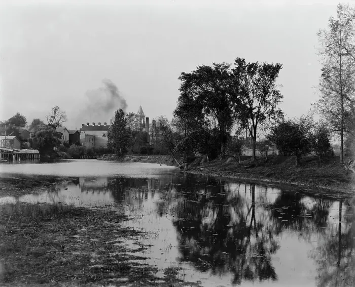 Framed Print : Clinton River near Market St. Mt. Clemens, between 1880 and 1899. Creator: Unknown Framed Print : Clinton River near Market St. Mt. Clemens, between 1880 and 1899. Creator: Unknown