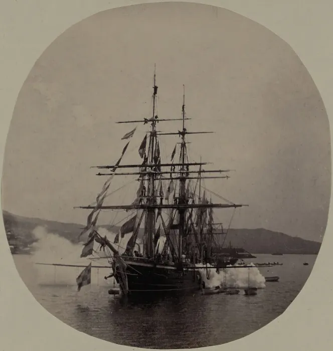 Framed Print : The Clipper Ship Razboinik During a Gun Salute, 22 July 1889, 1889. Creator: Unknown Framed Print : The Clipper Ship Razboinik During a Gun Salute, 22 July 1889, 1889. Creator: Unknown