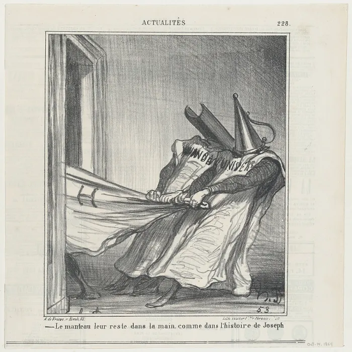 Framed Print : The cloak remains in their hands, like in the story of Joseph, from News of t... October 14, 1869