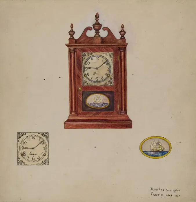 Framed Print : Clock, Antique, 1938. Creator: Dorothea A. Farrington Framed Print : Clock, Antique, 1938. Creator: Dorothea A. Farrington