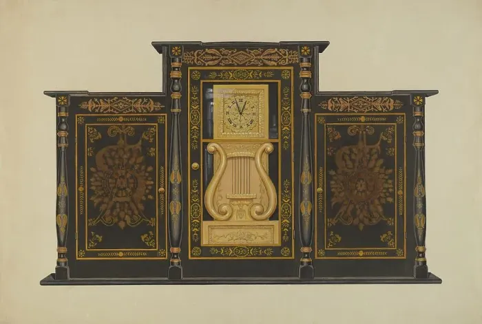 Framed Print : Clock - Lyre Type, c. 1937. Creator: Rex F Bush Framed Print : Clock - Lyre Type, c. 1937. Creator: Rex F Bush
