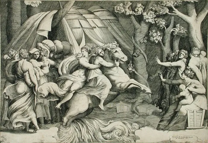 Framed Print : Cloelia Crossing the Tiber, c1546. Creator: Giulio Bonasone Framed Print : Cloelia Crossing the Tiber, c1546. Creator: Giulio Bonasone