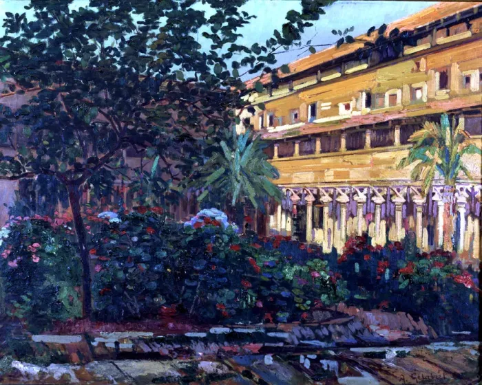 Framed Print : Cloister of Sant Francesc, oil on canvas, 97 X 78 cm. work by the Majorcan impressionist Framed Print : Cloister of Sant Francesc, oil on canvas, 97 X 78 cm. work by the Majorcan impressionist