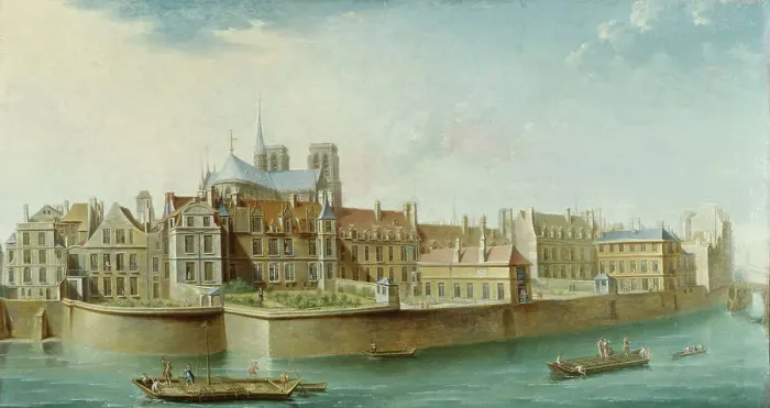 Framed Print : Cloisters of Notre-Dame, seen from Ile Saint Louis (Quai d'Orleans), 1753. Creator: Nicolas Raguenet Framed Print : Cloisters of Notre-Dame, seen from Ile Saint Louis (Quai d'Orleans), 1753. Creator: Nicolas Raguenet