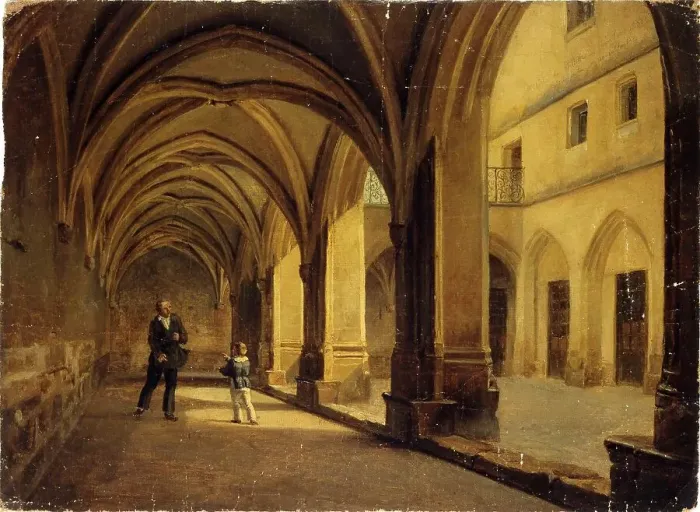 Framed Print : The Cloitre des Billettes round 1830, current 4th arrondissement. Creator: Unknown