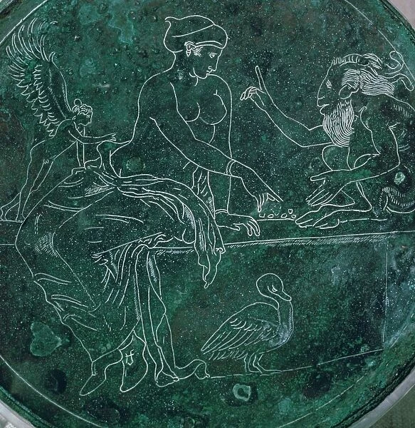 Close-up of a Greek bronze mirror-back
