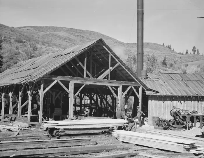 Framed Print : Close-up of the sawmill, Ola self-help sawmill co-op, Gem County, Idaho, 1939. Creator: Dorothea Lange Framed Print : Close-up of the sawmill, Ola self-help sawmill co-op, Gem County, Idaho, 1939. Creator: Dorothea Lange