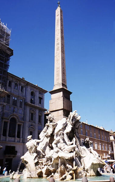 Closeup of the Fountain of the Four Rivers with the Egyptian obelisk by Bernini in Piazza Navona