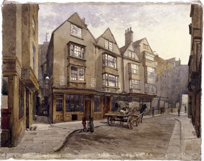 Framed Print : Cloth Fair, London, 1884. Artist: John Crowther Framed Print : Cloth Fair, London, 1884. Artist: John Crowther