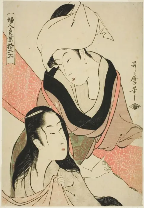 Framed Print : Cloth-Stretcher, from the series Twelve Types of Womens Handicraft (Fujin) Framed Print : Cloth-Stretcher, from the series Twelve Types of Womens Handicraft (Fujin)