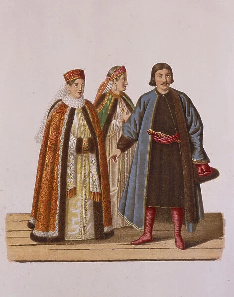 Clothing of the unmarried Boyars daughters at the Time of Peter I (From the series Clothing of the Artist: Solntsev, Fyodor Grigoryevich (1801-1892)