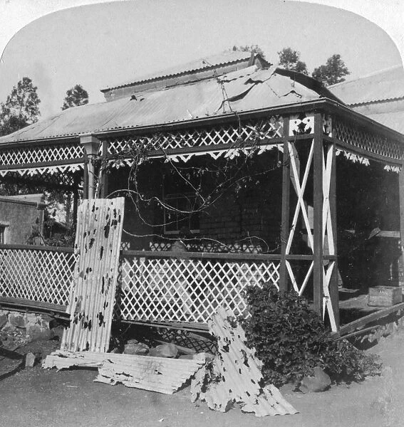The Club which was struck by a 94lb Boer shell, siege of Mafeking, South Africa, 1901. Artist: Underwood & Underwood