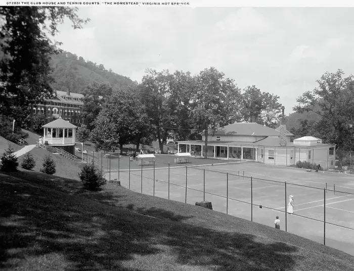 Framed Print : Clubhouse and tennis courts, the Homestead, Virginia Hot Springs, between 1900 and 1920. Creator: Unknown Framed Print : Clubhouse and tennis courts, the Homestead, Virginia Hot Springs, between 1900 and 1920. Creator: Unknown