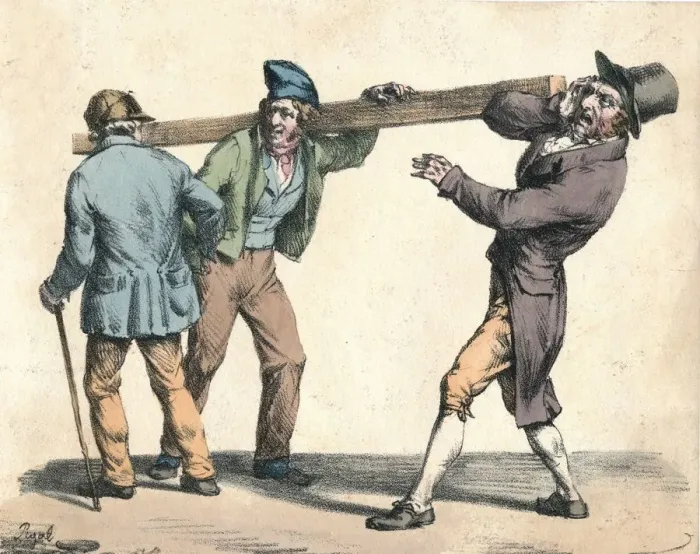 Framed Print : Clumsy man carrying a length of wood, 19th century. Creator: Unknown Framed Print : Clumsy man carrying a length of wood, 19th century. Creator: Unknown