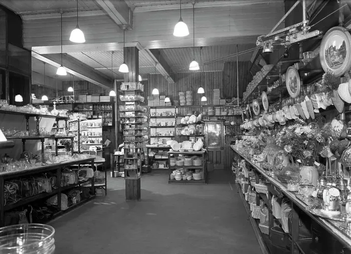 Framed Print : Co-op store showing a sales receipt transfer system, Barnsley, South Yorkshire, 1955 Framed Print : Co-op store showing a sales receipt transfer system, Barnsley, South Yorkshire, 1955