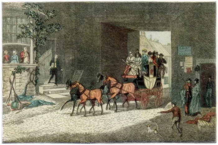 Framed Print : Coach arriving in the yard of an inn, 1890 Framed Print : Coach arriving in the yard of an inn, 1890