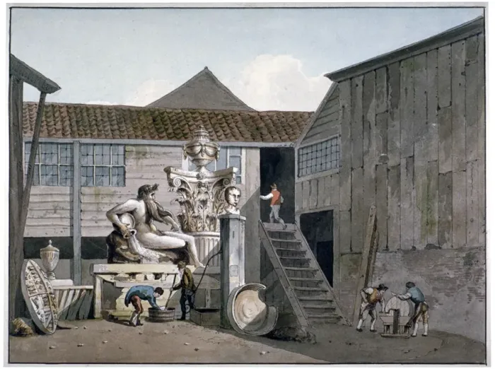 Framed Print : Coade Stone factory yard on Narrow Wall Street, Lambeth, London, c1800 Framed Print : Coade Stone factory yard on Narrow Wall Street, Lambeth, London, c1800