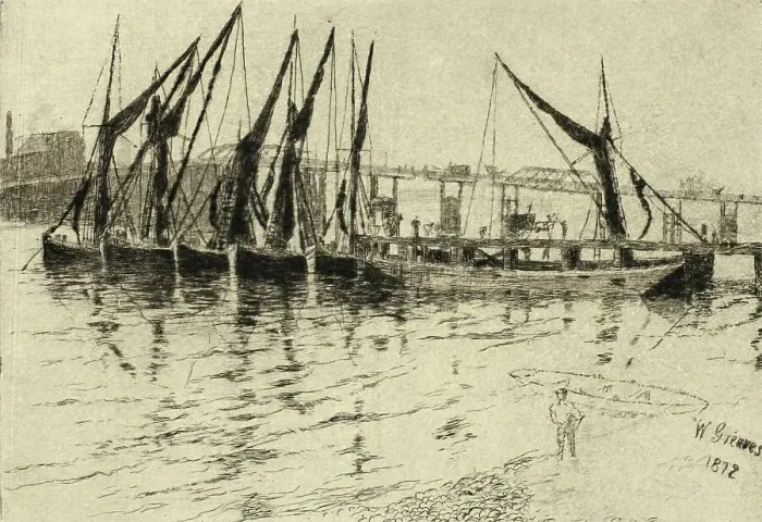 Framed Print : Coal Barges Unloading (recto); Sketch of a Building (verso), 1872 (recto); n.d. (verso). Creator: Walter Greaves Framed Print : Coal Barges Unloading (recto); Sketch of a Building (verso), 1872 (recto); n.d. (verso). Creator: Walter Greaves